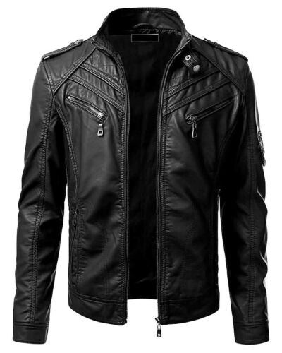 New Men's Genuine Lambskin Leather Jacket Black Slim Fit Biker Motorcycle Jacket